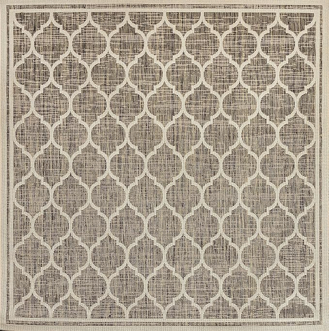 Eyely BMS109A-6SQ Santa Monica Trebol Moroccan Trellis Textured Weave, Pet Friendly, Non-Shedding, Stain Resistant, Easy-Cleaning, Brown/Beige, 6' Square, Indoor/Outdoor, Area Rug